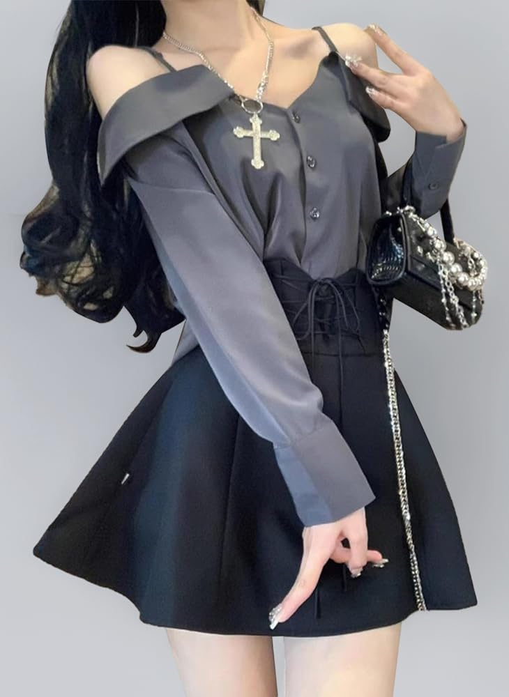 ススリ　ウールスカート　レディース　ギャザー　サスペンダー　ワンショルダー　黒 Amazon.co.jp: [LAVASEON] 可愛い 学院風 2点セット ブラウス